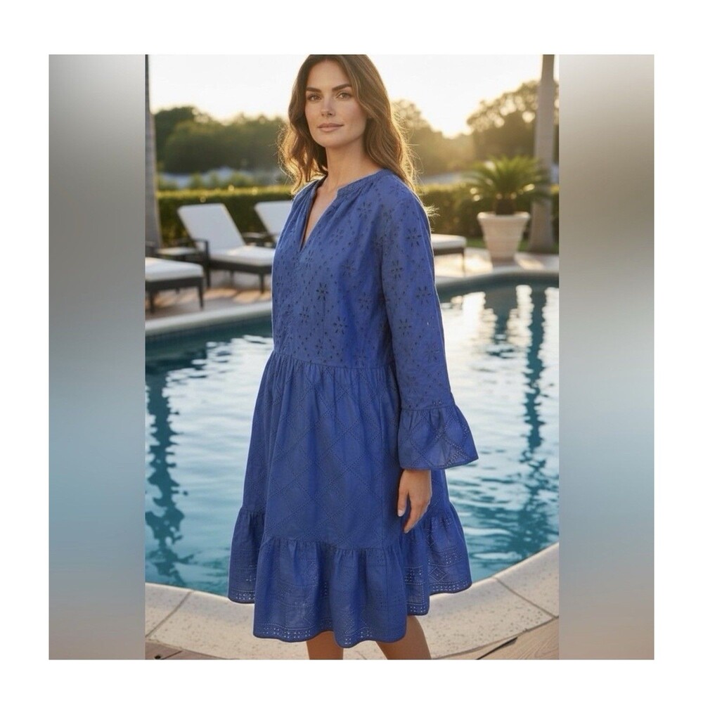 J Jill Blue Eyelet Tiered Royal Blue Cotton Amalfi Coastal Boho SZ L lined pocke